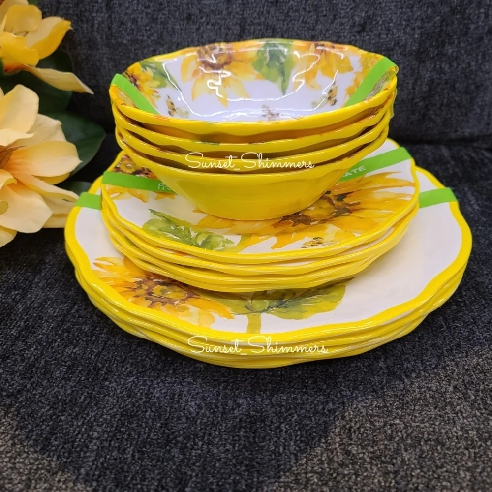 12pc Tuscan Sunflower Honey Bee Melamine Dinner Salad App Dessert Plate Set New
